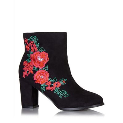 Black and red faux suede embroidered ankle boots